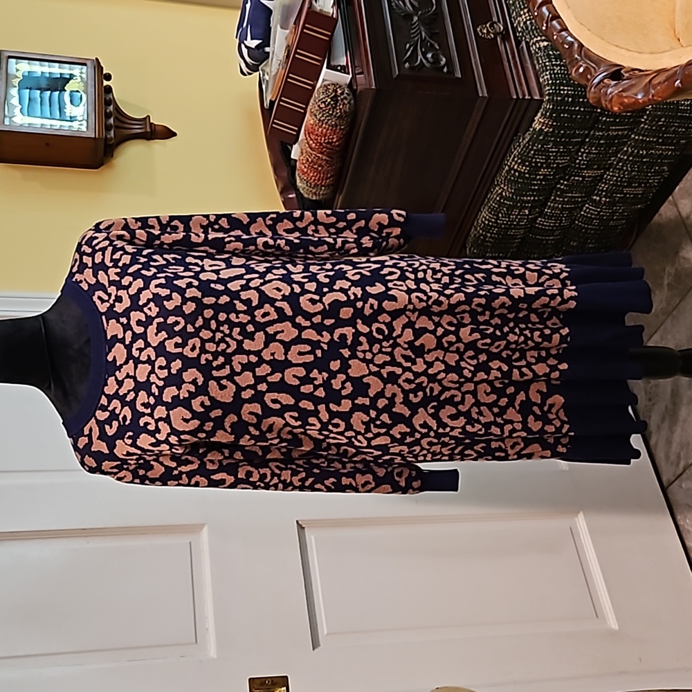 BLUE ORCHID, navy and brown, sweater dress. Like new!